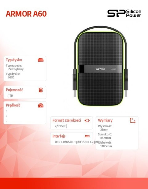 ARMOR A60 1TB USB 3.0 BLACK PANCERNY wstrząso/pyło i wodoodporny ARMOR A60 1TB USB 3.0 BLACK PANCERNY wstrząso/pyło i wodoodporny
