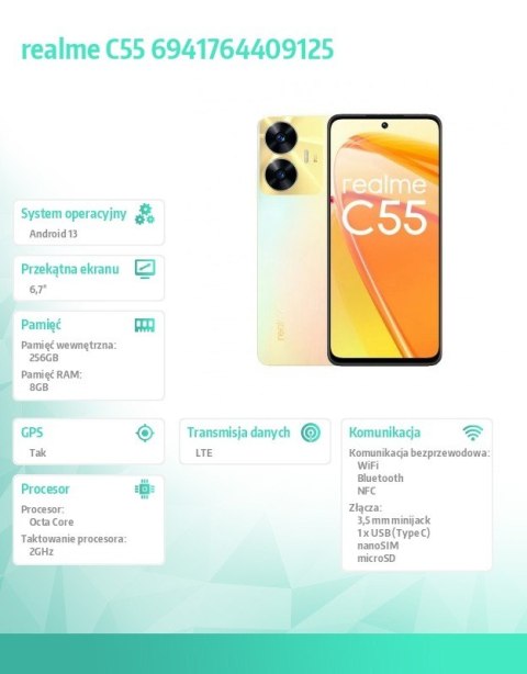Smartfon REALME C55 256GB 8GB Sunshower RMX3710 EU Smartfon REALME C55 256GB 8GB Sunshower RMX3710 EU