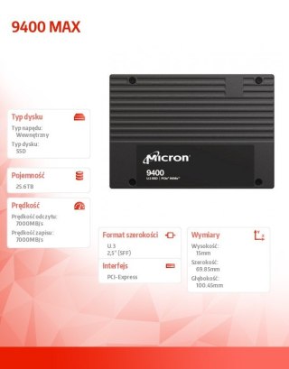 Dysk SSD 9400 MAX 25600GB NVMe U.3 15mm Single Pack