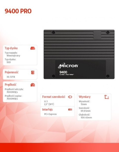 Dysk SSD 9400 PRO 30720GB NVMe U.3 15mm Single Pack Dysk SSD 9400 PRO 30720GB NVMe U.3 15mm Single Pack