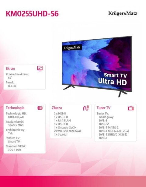 Telewizor Kruger & Matz 55 UHD DVB-T2/S2 H.265 Telewizor Kruger & Matz 55 UHD DVB-T2/S2 H.265