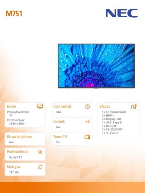 Monitor wielkoformatowy MultiSync M751 75 cali UHD 24/7 500cd/m2 Monitor wielkoformatowy MultiSync M751 75 cali UHD 24/7 500cd/m2