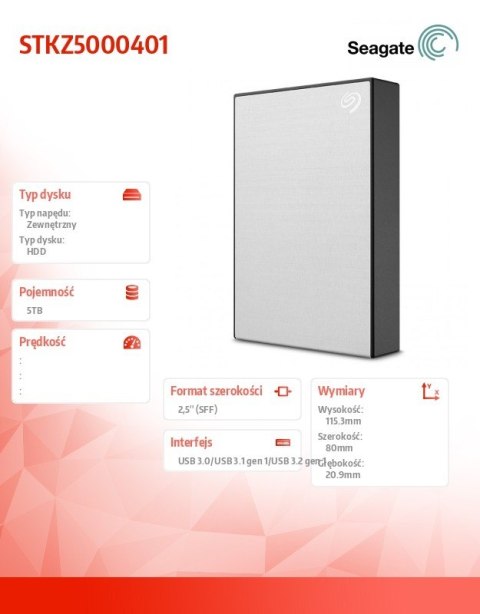Dysk One Touch 5TB 2,5 STKZ5000401 srebrny Dysk One Touch 5TB 2,5 STKZ5000401 srebrny
