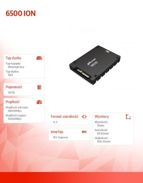 Dysk SSD 6500 ION 30720GB NVMe U.3 15mm Single Pack Dysk SSD 6500 ION 30720GB NVMe U.3 15mm Single Pack