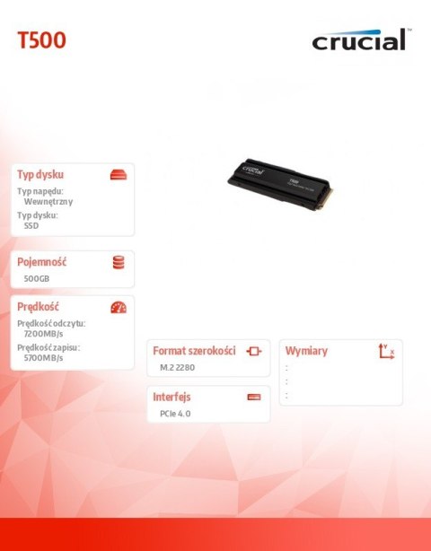 Dysk SSD T500 500GB M.2 NVMe2280 PCIe 4.0 7200/5700 Dysk SSD T500 500GB M.2 NVMe2280 PCIe 4.0 7200/5700