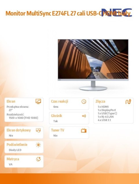 Monitor MultiSync E274FL 27 cali USB-C HDMI biały Monitor MultiSync E274FL 27 cali USB-C HDMI biały