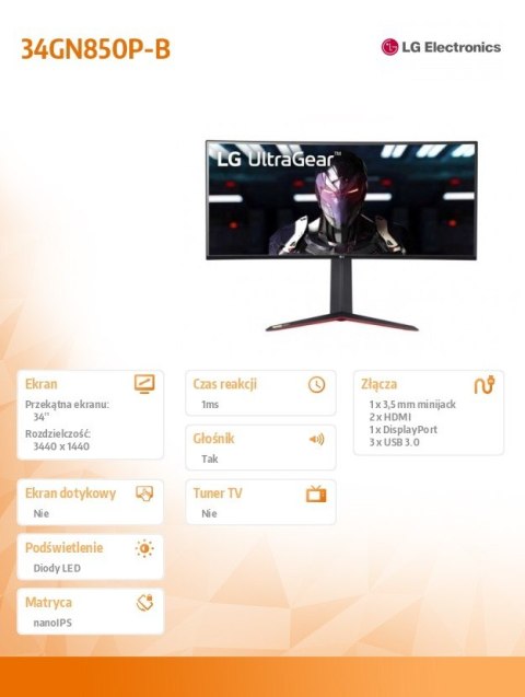 Monitor 34GN850P-B 34 cale UltraGear Nano IPS 1ms 160Hz Monitor 34GN850P-B 34 cale UltraGear Nano IPS 1ms 160Hz