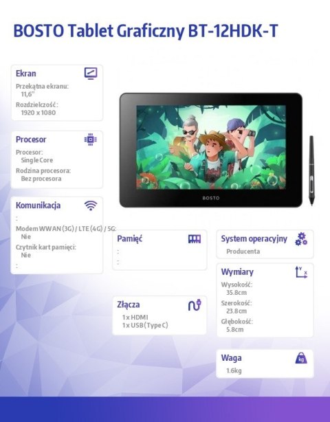 Tablet graficzny 12-HDKT 1920x1080 11,6 dotyk+klawisze Tablet graficzny 12-HDKT 1920x1080 11,6 dotyk+klawisze