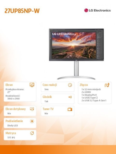 Monitor 27UP85NP-W 27 cali UHD IPS USB-C V.DisplayHDR Monitor 27UP85NP-W 27 cali UHD IPS USB-C V.DisplayHDR