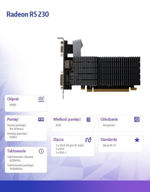 Karta graficzna Radeon R5 230 2GB DDR3 64Bit DVI HDMI VGA LP Radiator Karta graficzna Radeon R5 230 2GB DDR3 64Bit DVI HDMI VGA LP Radiator