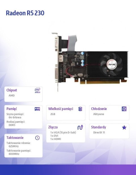 Karta graficzna Radeon R5 230 2GB DDR3 64Bit DVI HDMI VGA LP Single Fan V5 Karta graficzna Radeon R5 230 2GB DDR3 64Bit DVI HDMI VGA LP Single Fan V5