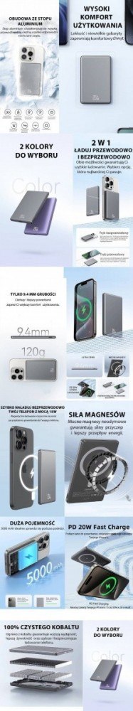 PowerBank indukcyjny 5000mAh MagSafe Fast Charging 20W Fiolet PowerBank indukcyjny 5000mAh MagSafe Fast Charging 20W Fiolet