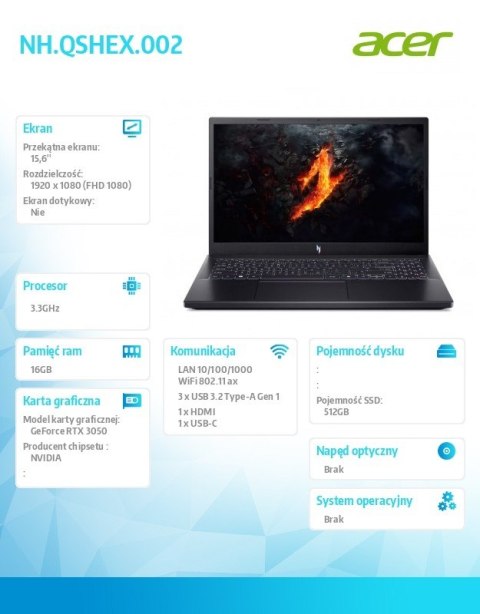 Laptop Gaming Nitro V ANV15-41-R1X4 Ryzen 5 7535HS 15.6 FHD IPS 144Hz 16GB 512GB GeForce RTX 3050 6GB No OS Laptop Gaming Nitro V ANV15-41-R1X4 Ryzen 5 7535HS 15.6 FHD IPS 144Hz 16GB 512GB GeForce RTX 3050 6GB No OS