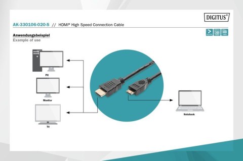 Kabel połączeniowy HDMI HighSpeed 1080p 60Hz FHD Typ HDMI A/HDMI C M/M 2m Czarny