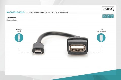 Kabel adapter USB 2.0 HighSpeed OTG Typ miniUSB B (5pin)/USB A M/Ż 0,2m Czarny