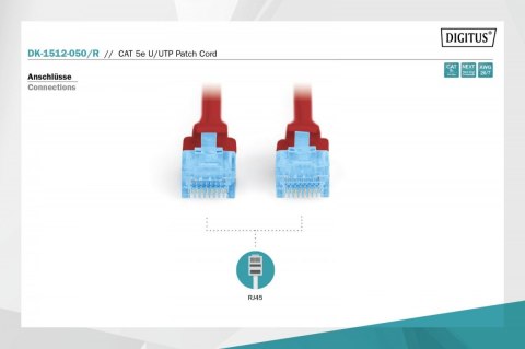 Patch cord U/UTP kat.5e PVC 5m czerwony Patch cord U/UTP kat.5e PVC 5m czerwony