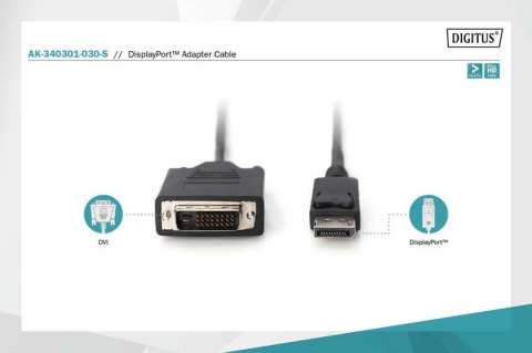 Kabel adapter Displayport z zatrzaskiem 1080p 60Hz FHD Typ DP/DVI-D (24+1) M/M 3m Czarny Kabel adapter Displayport z zatrzaskiem 1080p 60Hz FHD Typ DP/DVI-D (24+1) M/M 3m Czarny