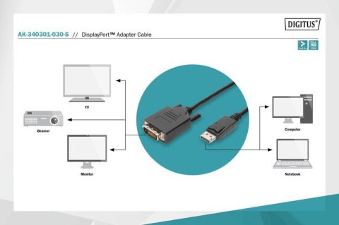Kabel adapter Displayport z zatrzaskiem 1080p 60Hz FHD Typ DP/DVI-D (24+1) M/M 3m Czarny Kabel adapter Displayport z zatrzaskiem 1080p 60Hz FHD Typ DP/DVI-D (24+1) M/M 3m Czarny