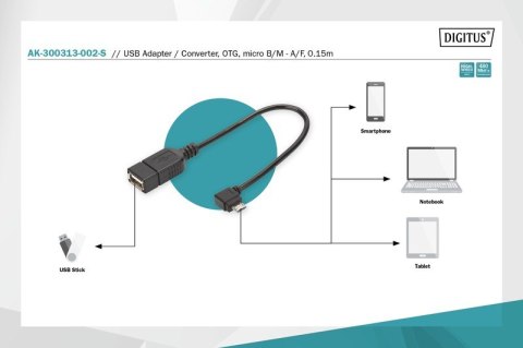 Kabel adapter USB 2.0 HighSpeed OTG Typ microUSB B kątowy/USB A M/Ż 0,15m Czarny
