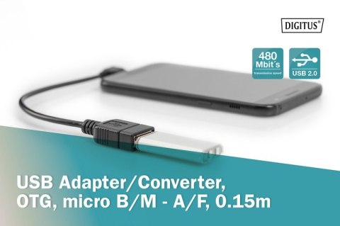 Kabel adapter USB 2.0 HighSpeed OTG Typ microUSB B kątowy/USB A M/Ż 0,15m Czarny