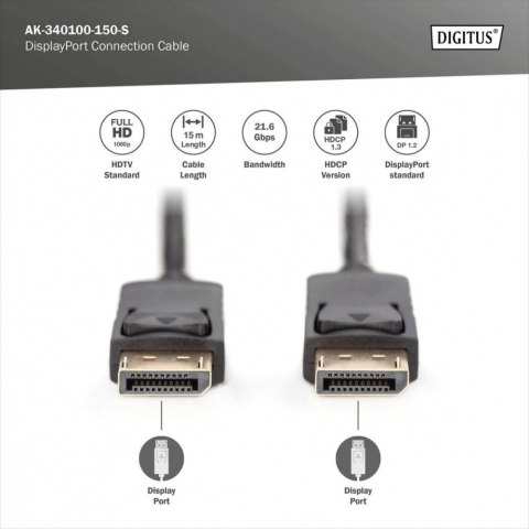 Kabel połączeniowy DisplayPort z zatrzaskami 1080p 60Hz FHD Typ DP/DP M/M czarny 15m