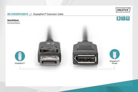 Kabel przedłużający DisplayPort 1.2 z zatrzaskiem 4K 60Hz UHD Typ DP/DP M/Ż czarny 2m Kabel przedłużający DisplayPort 1.2 z zatrzaskiem 4K 60Hz UHD Typ DP/DP M/Ż czarny 2m