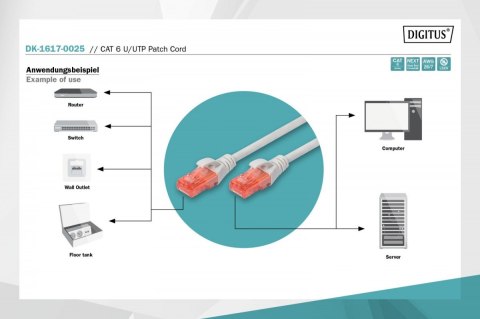 Patch cord nieekranowany U/UTP Kat.6 AWG 26/7 miedź LSOH 0,25m Szary