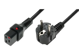 Kabel połączeniowy zasilający blokada IEC LOCK 3x1,5mm2 Schuko kątowy/C19 prosty M/Ż 2m Czarny