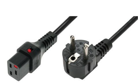 Kabel połączeniowy zasilający blokada IEC LOCK 3x1,5mm2 Schuko kątowy/C19 prosty M/Ż 2m Czarny Kabel połączeniowy zasilający blokada IEC LOCK 3x1,5mm2 Schuko kątowy/C19 prosty M/Ż 2m Czarny