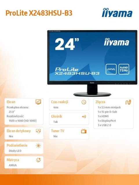 Monitor 23.8 ProLite X2483HSU-B3 AMVA,HDMI,USB,DP,2x2W Monitor 23.8 ProLite X2483HSU-B3 AMVA,HDMI,USB,DP,2x2W