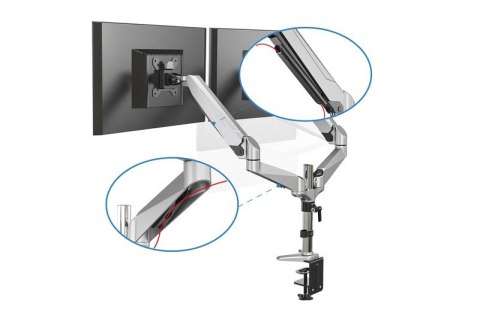 Ramię biurkowe podwójne z zaciskiem, regulowany, 2xLCD, max. 27", max. 8kg, uchylno-obrotowe 360°