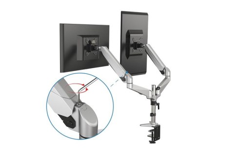 Ramię biurkowe podwójne z zaciskiem, regulowany, 2xLCD, max. 27", max. 8kg, uchylno-obrotowe 360°
