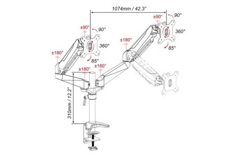 Ramię biurkowe podwójne z zaciskiem, regulowany, 2xLCD, max. 27", max. 8kg, uchylno-obrotowe 360°