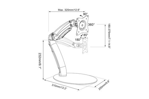 Ramię biurkowe pojedyncze, 1xLCD, max. 27", max. 6.5kg, uchylno-obrotowe 180° (PIVOT) Ramię biurkowe pojedyncze, 1xLCD, max. 27", max. 6.5kg, uchylno-obrotowe 180° (PIVOT)