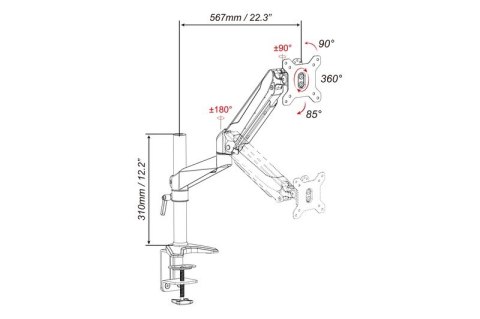 Ramię biurkowe pojedyńcze z zaciskiem, 1xLCD, max. 27", max. 8kg, uchylno-obrotowe 360° (PIVOT) Ramię biurkowe pojedyńcze z zaciskiem, 1xLCD, max. 27", max. 8kg, uchylno-obrotowe 360° (PIVOT)