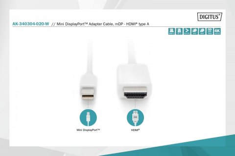 Kabel adapter Displayport 1.2 4K 60Hz UHD Typ miniDP/HDMI A M/M Biały 2m