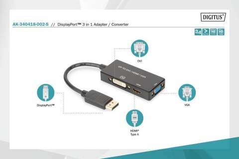 Kabel adapter Displayport 4K 30Hz/1080p 60Hz Typ DP/HDMI(UHD)+DVI-I+VGA (FHD) M/Ż 0,20m Czarny Kabel adapter Displayport 4K 30Hz/1080p 60Hz Typ DP/HDMI(UHD)+DVI-I+VGA (FHD) M/Ż 0,20m Czarny
