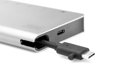 Stacja dokująca podróżna USB Typ C, 8 portów 4K, HDMI, VGA, USB3.0, RJ45, microSD, SD/MMC, srebrna Stacja dokująca podróżna USB Typ C, 8 portów 4K, HDMI, VGA, USB3.0, RJ45, microSD, SD/MMC, srebrna