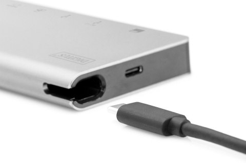Stacja dokująca podróżna USB Typ C, 8 portów 4K, HDMI, VGA, USB3.0, RJ45, microSD, SD/MMC, srebrna Stacja dokująca podróżna USB Typ C, 8 portów 4K, HDMI, VGA, USB3.0, RJ45, microSD, SD/MMC, srebrna