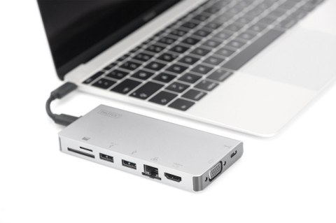 Stacja dokująca podróżna USB Typ C, 8 portów 4K, HDMI, VGA, USB3.0, RJ45, microSD, SD/MMC, srebrna Stacja dokująca podróżna USB Typ C, 8 portów 4K, HDMI, VGA, USB3.0, RJ45, microSD, SD/MMC, srebrna