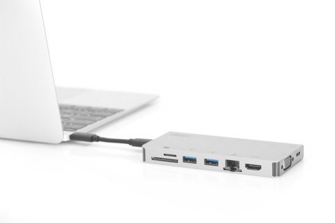 Stacja dokująca podróżna USB Typ C, 8 portów 4K, HDMI, VGA, USB3.0, RJ45, microSD, SD/MMC, srebrna Stacja dokująca podróżna USB Typ C, 8 portów 4K, HDMI, VGA, USB3.0, RJ45, microSD, SD/MMC, srebrna