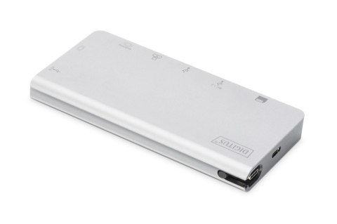 Stacja dokująca podróżna USB Typ C, 8 portów 4K, HDMI, VGA, USB3.0, RJ45, microSD, SD/MMC, srebrna Stacja dokująca podróżna USB Typ C, 8 portów 4K, HDMI, VGA, USB3.0, RJ45, microSD, SD/MMC, srebrna