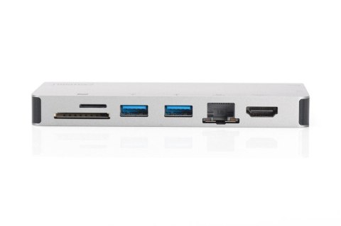 Stacja dokująca podróżna USB Typ C, 8 portów 4K, HDMI, VGA, USB3.0, RJ45, microSD, SD/MMC, srebrna Stacja dokująca podróżna USB Typ C, 8 portów 4K, HDMI, VGA, USB3.0, RJ45, microSD, SD/MMC, srebrna