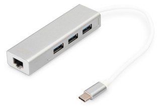 HUB/Koncentrator 3-portowy USB Typ C, 3x USB A HighSpeed z Gigabit LAN adapter, aluminium
