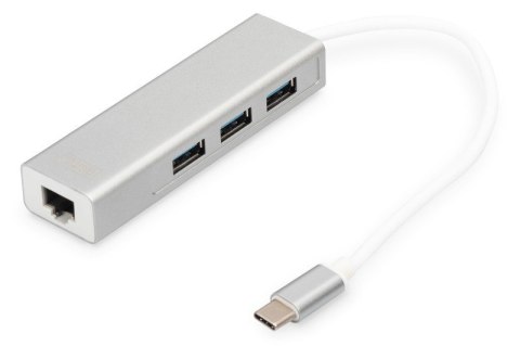 HUB/Koncentrator 3-portowy USB Typ C, 3x USB A HighSpeed z Gigabit LAN adapter, aluminium