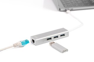 HUB/Koncentrator 3-portowy USB Typ C, 3x USB A HighSpeed z Gigabit LAN adapter, aluminium