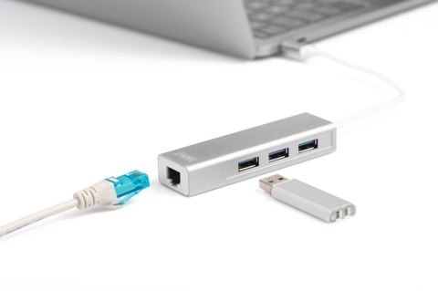 HUB/Koncentrator 3-portowy USB Typ C, 3x USB A HighSpeed z Gigabit LAN adapter, aluminium