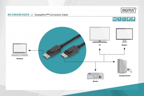 Kabel połączeniowy DisplayPort z zatrzaskami 8K 30Hz UHD Typ DP/DP M/M 1m Czarny Kabel połączeniowy DisplayPort z zatrzaskami 8K 30Hz UHD Typ DP/DP M/M 1m Czarny