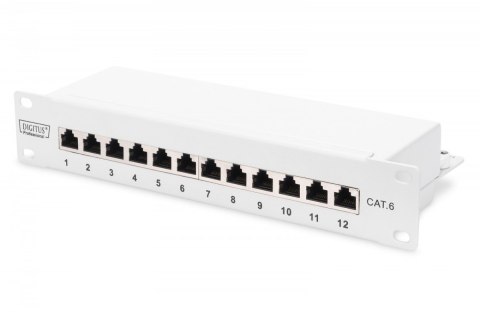 Patch panel 10 cali 12-portów RJ-45 Kat.6 ekranowany 1U kompletny LSA, wspornik kablowy, szary Patch panel 10 cali 12-portów RJ-45 Kat.6 ekranowany 1U kompletny LSA, wspornik kablowy, szary