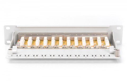 Patch panel 10 cali 12-portów RJ-45 Kat.6 ekranowany 1U kompletny LSA, wspornik kablowy, szary Patch panel 10 cali 12-portów RJ-45 Kat.6 ekranowany 1U kompletny LSA, wspornik kablowy, szary